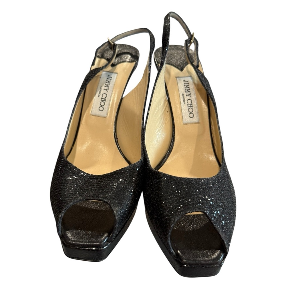 Jimmy Choo Black Glitter Peep Toe Slingback Platform Heels Size 41.5 Italy